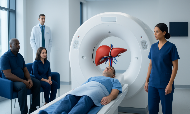 Patient undergoing liver CT scan with medical team present in hospital.
