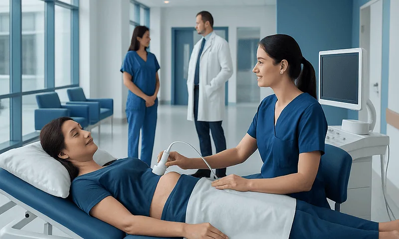 Medical professional performs liver ultrasound on patient in hospital setting.
