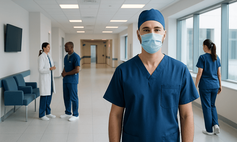 Healthcare professionals in a hospital corridor with a focus on a young male nurse.