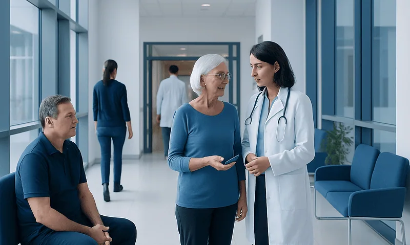 Doctor consulting with an elderly patient in a hospital corridor.