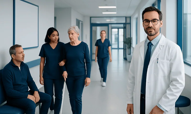 Healthcare professionals and a doctor in a hospital corridor.