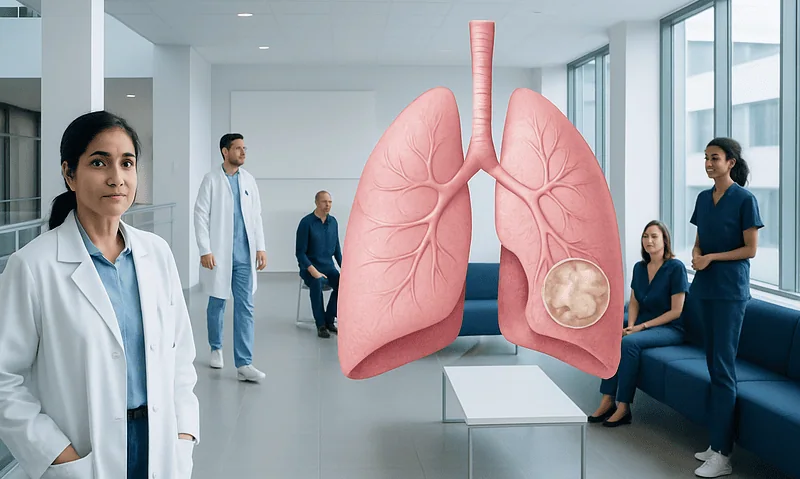 Medical team examining lung model with a lung abscess in a hospital setting.
