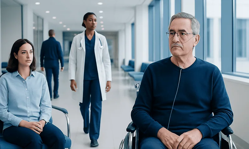 Patient waiting in hospital corridor with medical staff nearby.