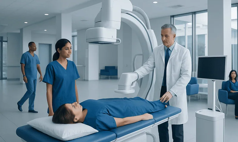 Medical professionals perform lymphography procedure in a modern hospital.