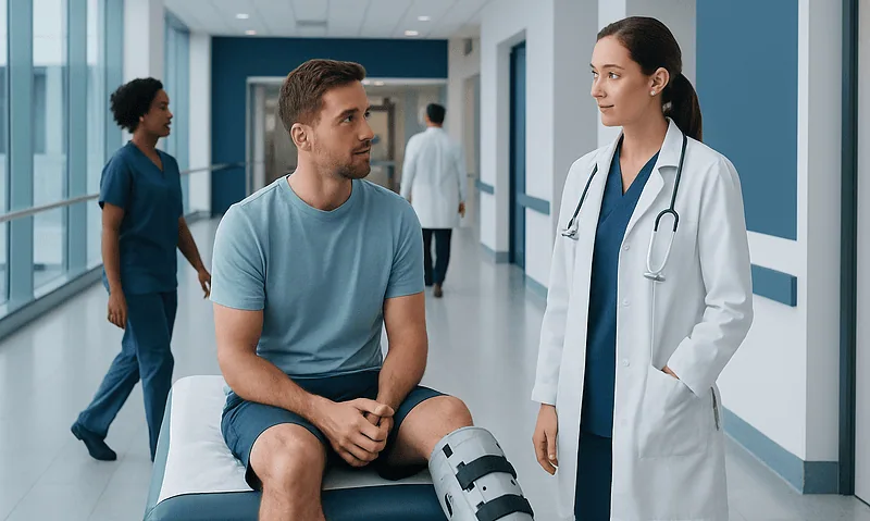 Patient with leg injury consulting with doctor in hospital corridor.