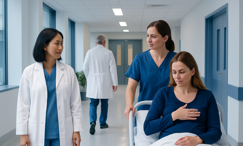 Medical staff assisting a patient in a hospital corridor.