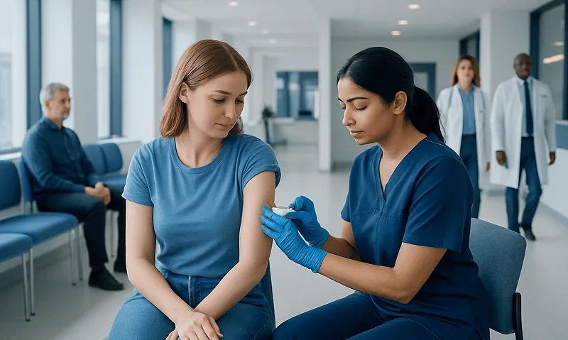 Nurse administering a vaccine to a young woman in a hospital setting.