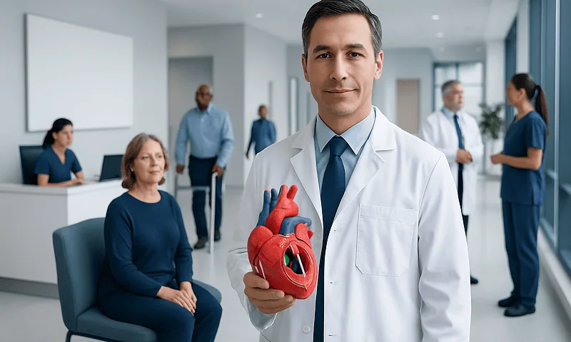 Doctor holding a model of a heart in a hospital setting.