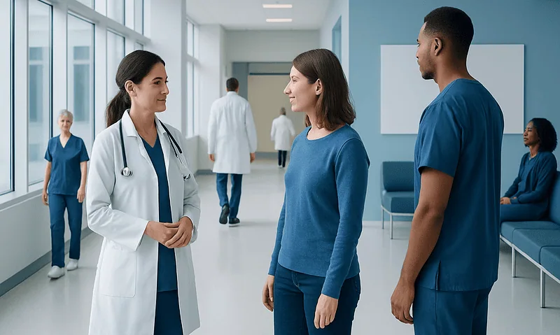 Medical professionals and patients in a hospital corridor at Acibadem Hospitals Group.