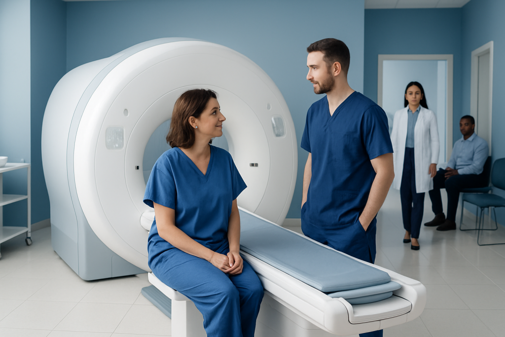 Meningioma MRI: Preparation, Procedure and Results 1 Patient and medical staff preparing for MRI scan at Acibadem Hospital.