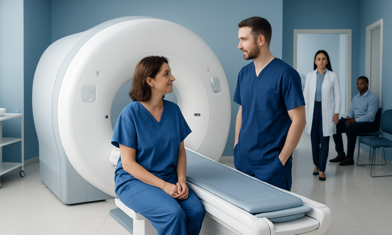 Patient and medical staff preparing for MRI scan at Acibadem Hospital.