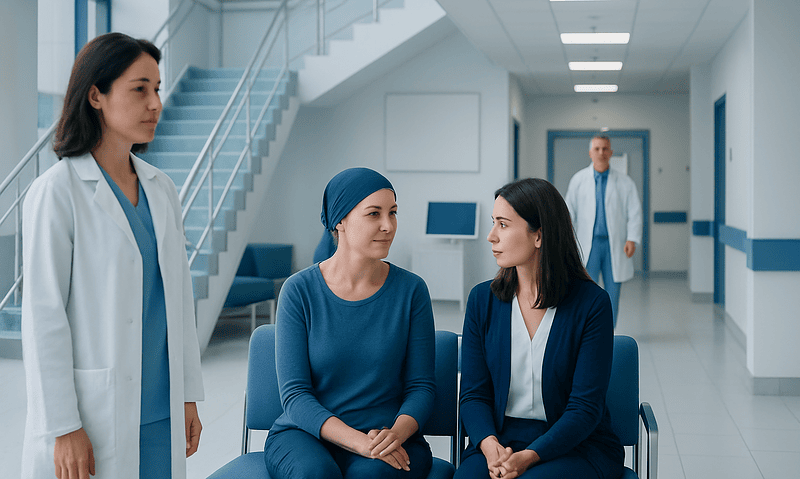 Patients and doctor in a hospital corridor during consultation.