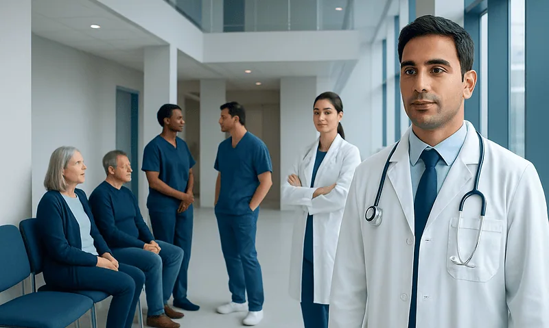 Medical team and patients in a hospital corridor at Acibadem Hospitals Group.