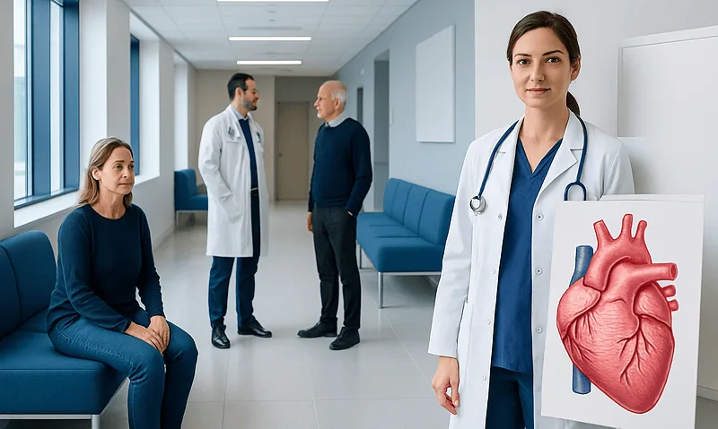 Doctor holding heart model in a hospital corridor with patient and staff.