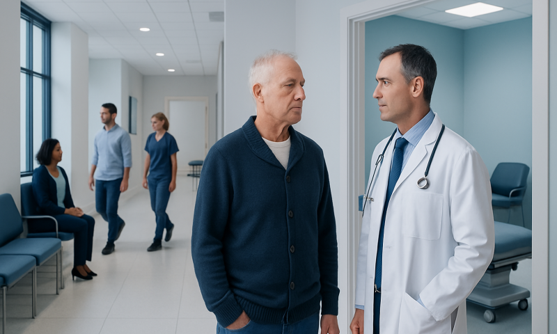 Doctor consulting with an elderly patient in a hospital corridor.