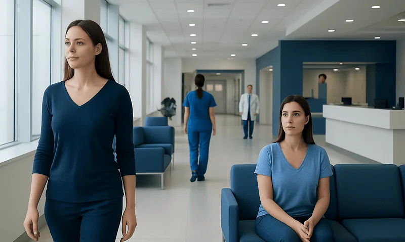 Modern hospital lobby with patients and staff in a bright, clean environment.