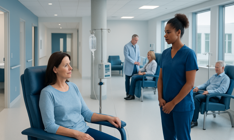 Patient receiving monoclonal infusion in a modern hospital setting.