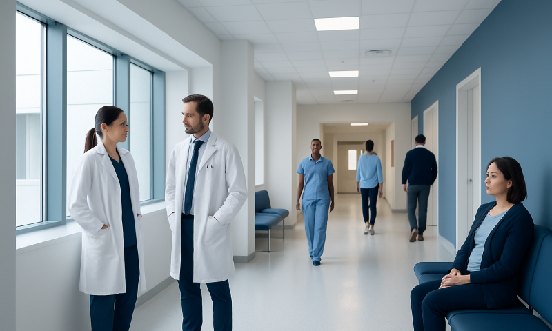 Medical professionals and patients in a hospital corridor at Acibadem Hospitals Group.