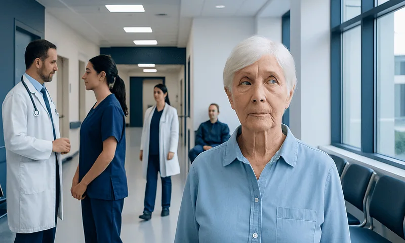 Elderly woman in hospital corridor with medical staff in background.
