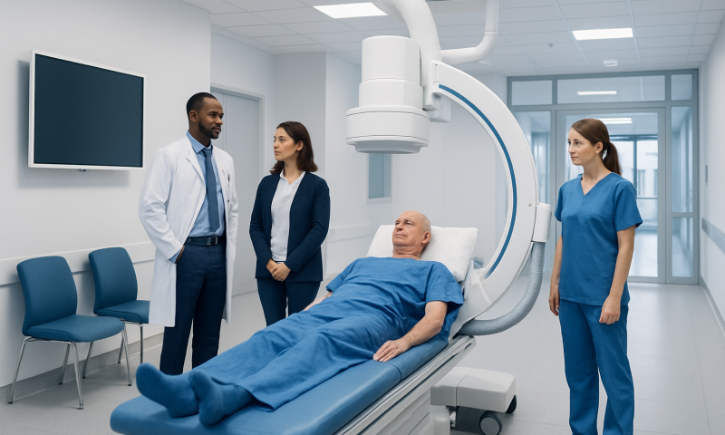 Medical team preparing patient for myelography procedure in hospital.