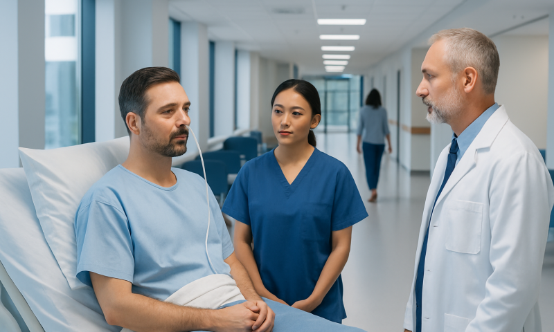 Doctor discussing with patient in hospital room during Nasogastric Tube procedure.