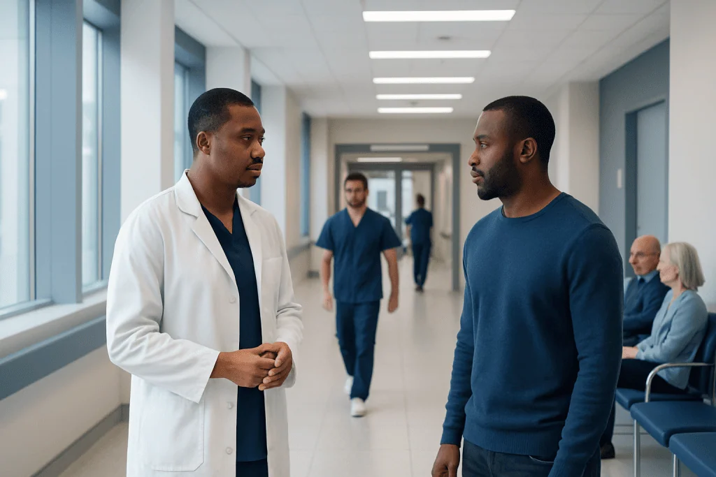 Nerve Transplant: Procedure, Recovery and Results 1 Doctor and patient having a conversation in hospital corridor.