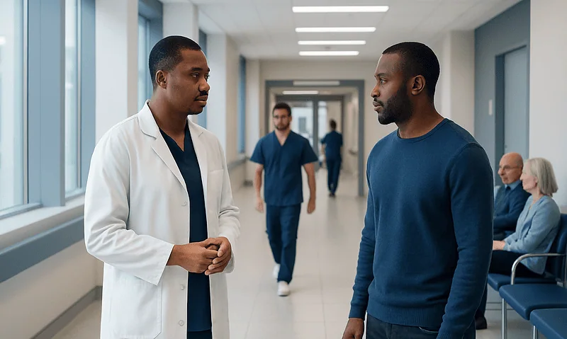 Doctor and patient having a conversation in hospital corridor.