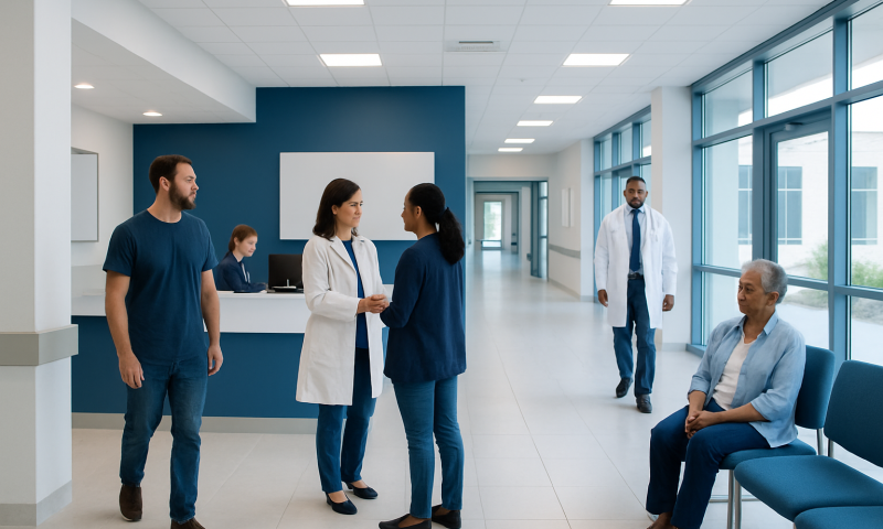 Patients and staff in a modern hospital corridor at Acibadem Hospitals Group.