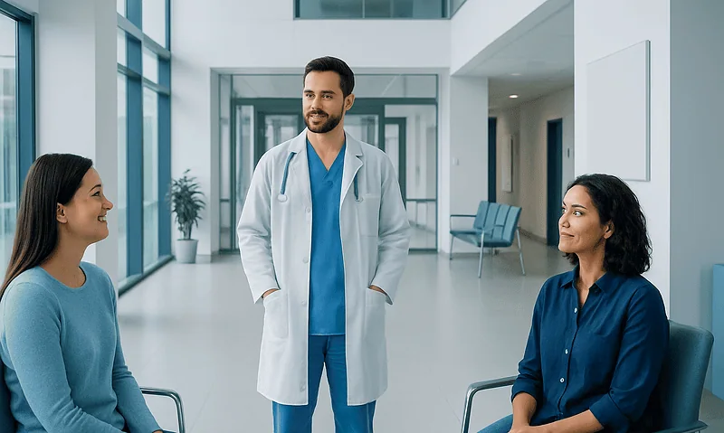 Doctor talking to two female patients in a modern hospital lobby.