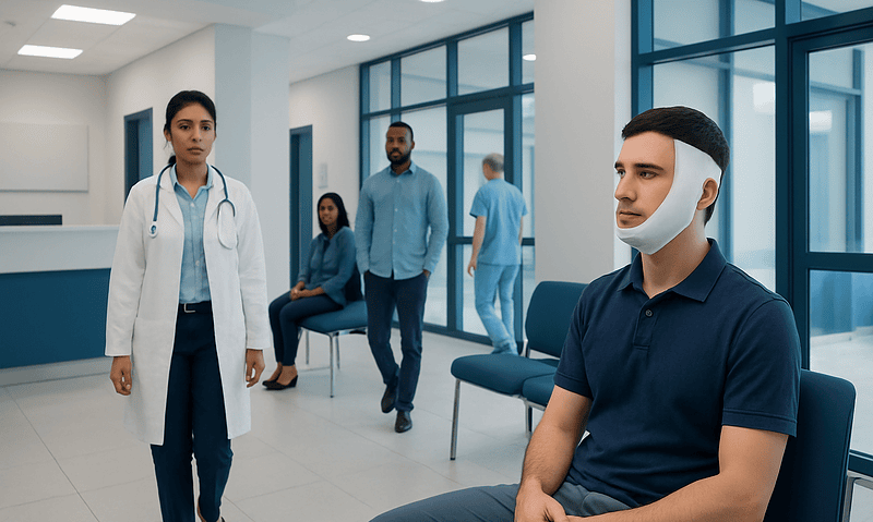 Patient with jaw bandage in hospital waiting area at Acibadem Hospitals.
