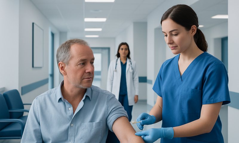 Nurse administering injection to patient in hospital corridor.