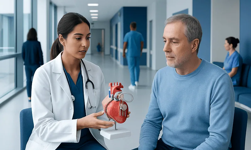 Doctor explaining heart model to patient in hospital corridor.