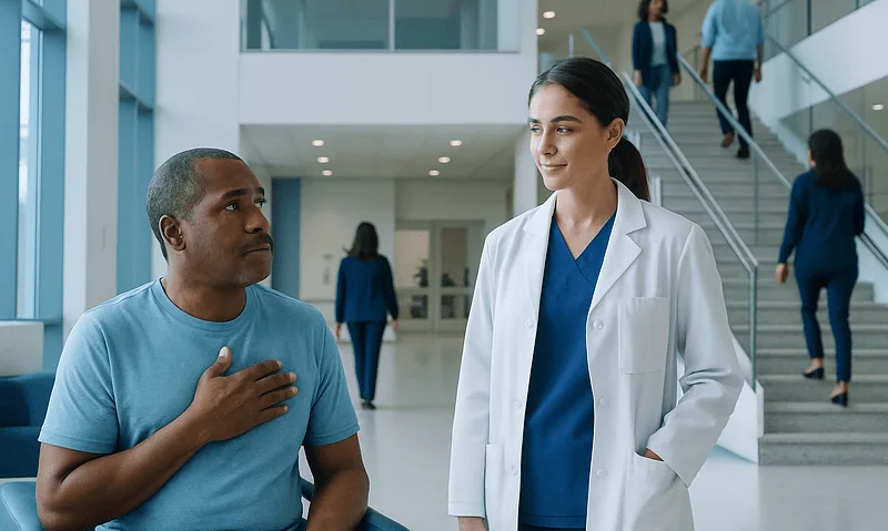 Patient consulting with doctor in hospital lobby.