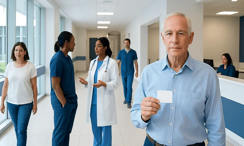 Senior man holding a card in a hospital corridor with medical staff and patients.