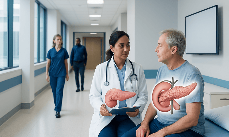 Doctor explaining pancreas anatomy to patient in hospital corridor.