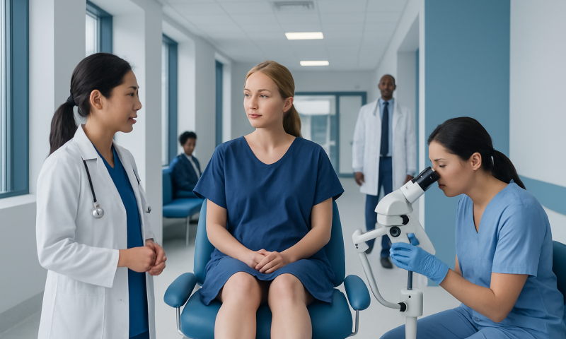 Medical professionals perform a Pap smear procedure in a hospital setting.