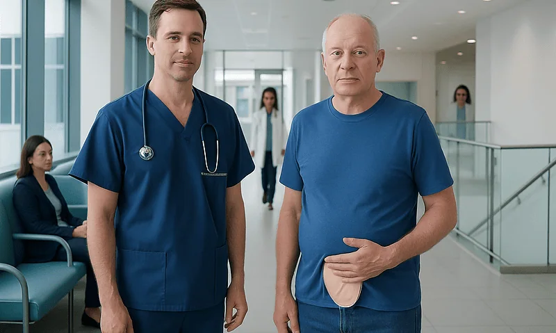 Doctor and patient in hospital corridor, healthcare setting.