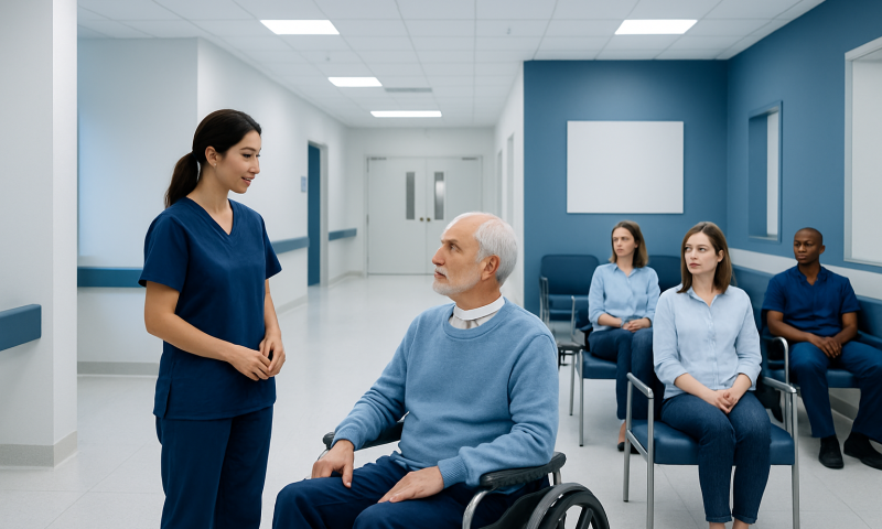 Healthcare professional consulting elderly patient in hospital corridor.