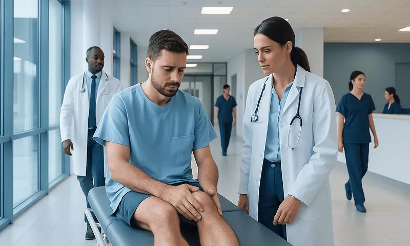 Doctor examines patient with knee injury in hospital corridor.
