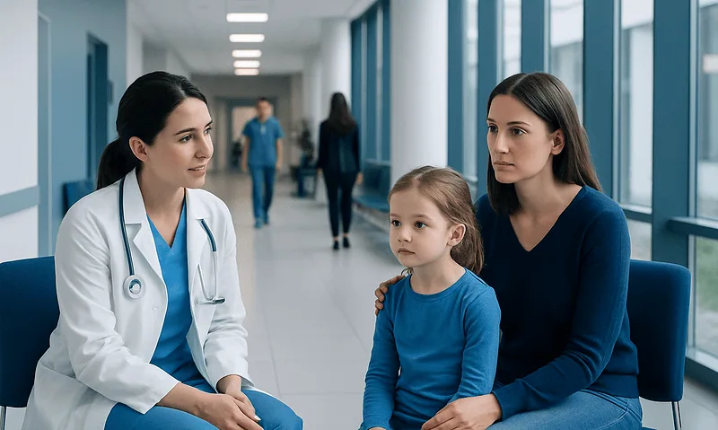 Doctor consulting with mother and child in hospital corridor.