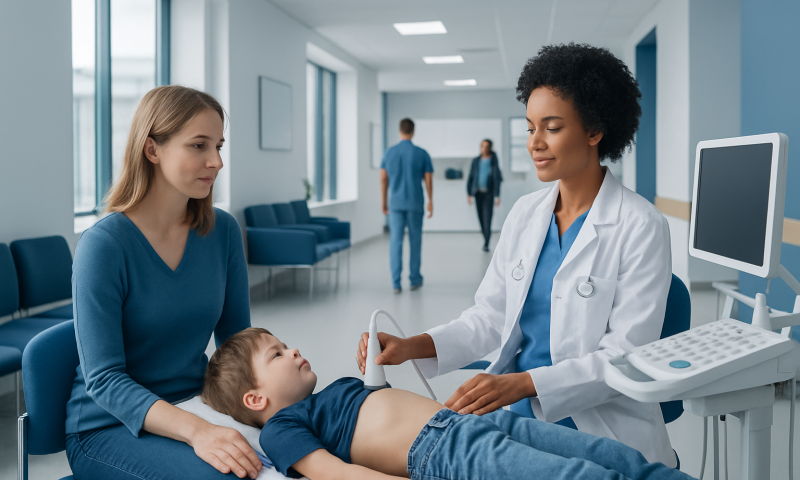 Pediatric ultrasound procedure in a hospital setting with a young patient and medical staff.