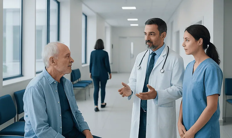 Doctor consulting with elderly patient and nurse in hospital corridor.