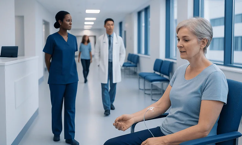 Patient receiving IV treatment in hospital corridor with medical staff present.