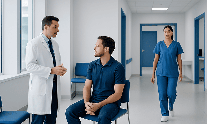Doctor consulting patient in hospital corridor with nurse walking by.
