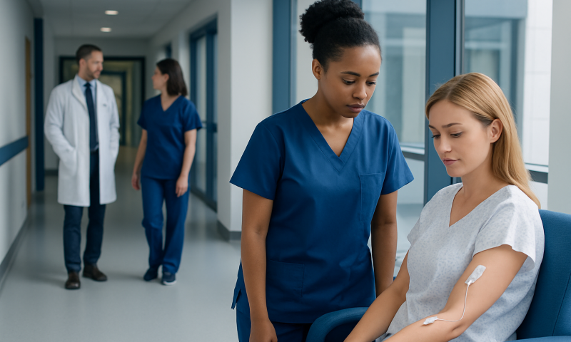 Healthcare professionals attending to a patient in a hospital corridor.