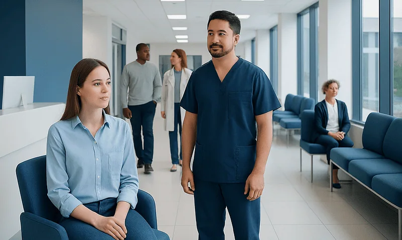 Healthcare professionals and patient in a modern hospital corridor.