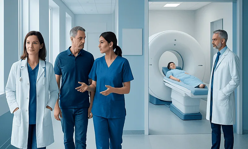 Medical team preparing for a PET scan in a hospital setting.