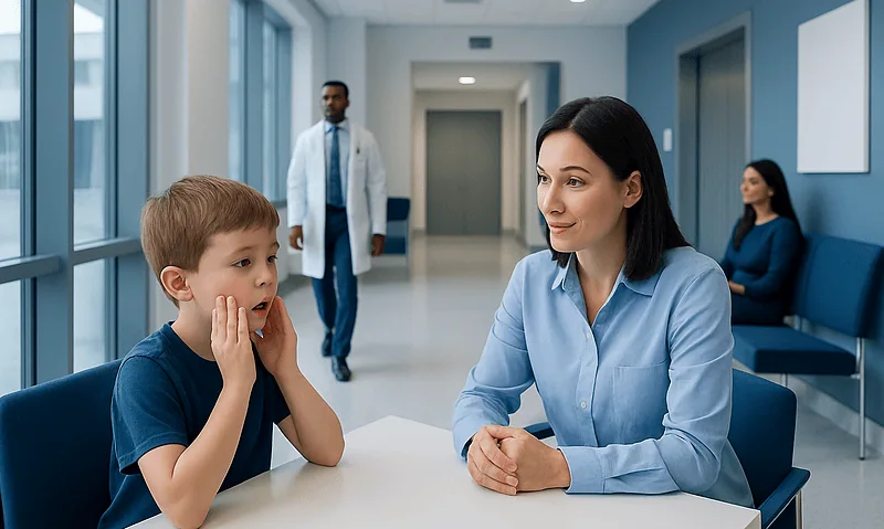 Child consulting with a healthcare professional in a hospital setting.