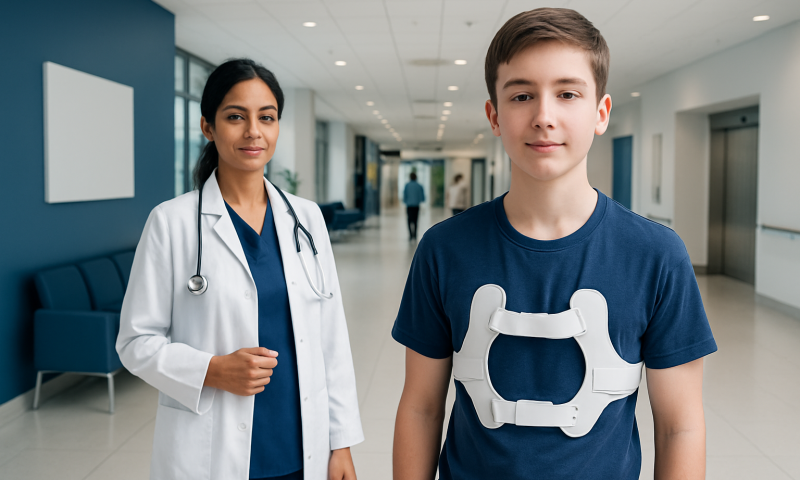 Pediatric patient with chest brace in hospital corridor with doctor.