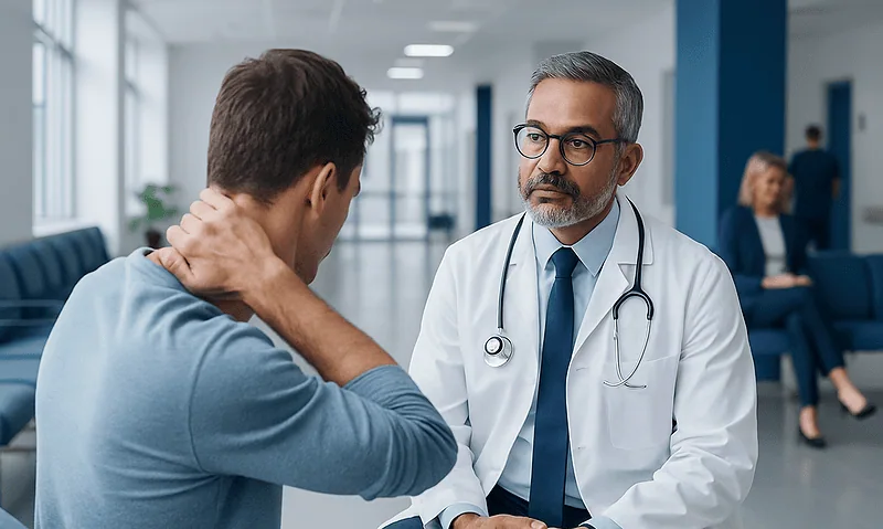Doctor consulting with a patient about neck pain in a hospital corridor.